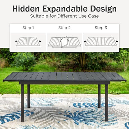 PHI VILLA 7 Piece Large Outdoor Dining Table Set, Expandable Rectangular Metal Dining Table & Cushioned Iron Chairs for Patio, Deck, Yard