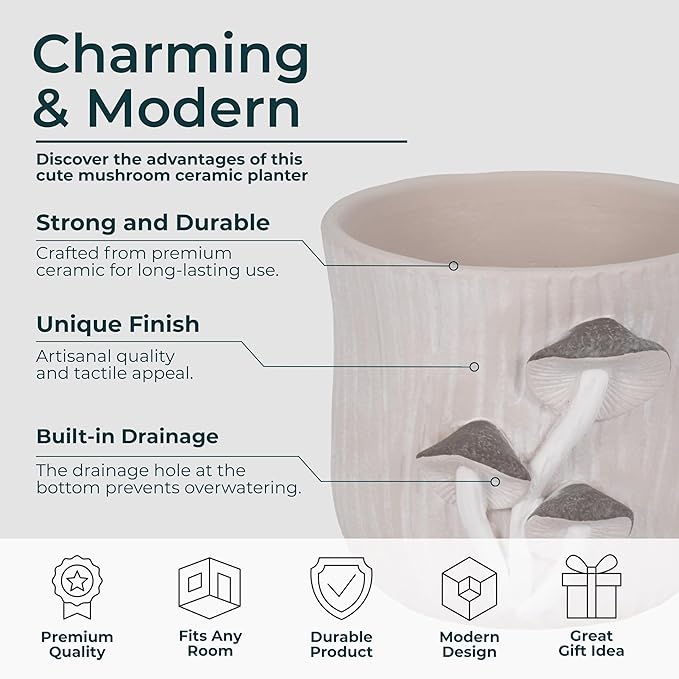 Cement Decorative Planter Pot Without Stand – Pottery Outdoor & Indoor Plant Pot with Mushroom Applique Pattern – Minimalist Modern Garden & Home Decor Cement Planters – 6", Gray