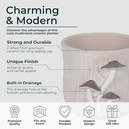 Cement Decorative Planter Pot Without Stand – Pottery Outdoor & Indoor Plant Pot with Mushroom Applique Pattern – Minimalist Modern Garden & Home Decor Cement Planters – 6", Gray