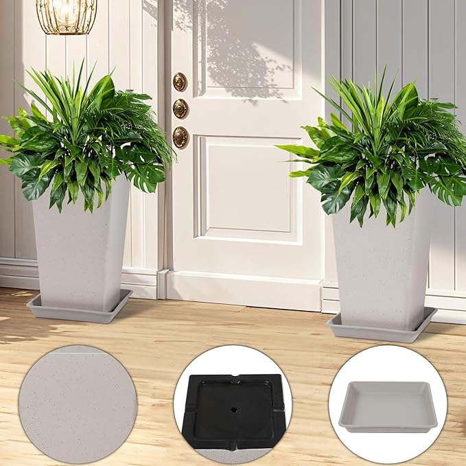 Set of 2 Tall Planter, 21 inch Large Plastic Planter with Drain Hole & Saucers, Large Outdoor Planters for Porch, Garden, Patio, Balcony(Gray Dot)