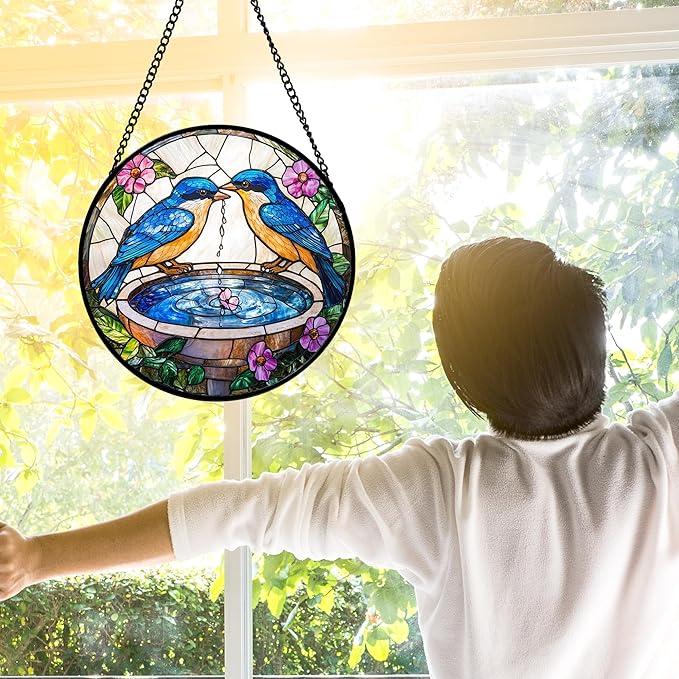 Stained Glass Window Hanging, 2 Blue Birds Suncatcher Diamond Glass Panel Hangings Bird Lover Sun Catchers Decor for Birthday for Women, Men, Wife, Aunt, and Mom 9.8 in