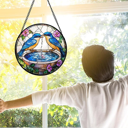 Stained Glass Window Hanging, 2 Blue Birds Suncatcher Diamond Glass Panel Hangings Bird Lover Sun Catchers Decor for Birthday for Women, Men, Wife, Aunt, and Mom 9.8 in