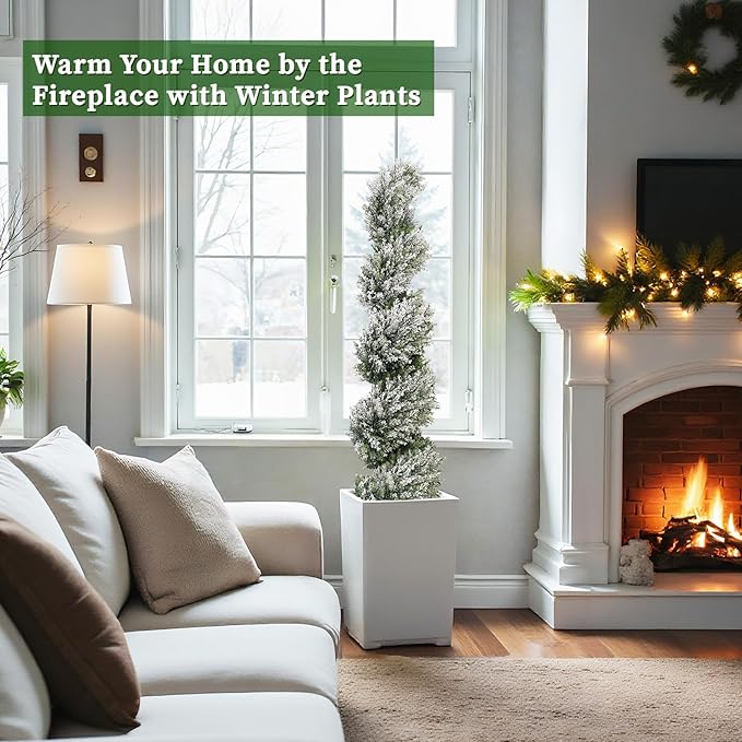 THE BLOOM TIMES 4ft Snow-Flocked Spiral Artificial Topiary Trees Set of 2, 48 inch Faux Cedar Trees for Front Porch Christmas Planter Decor, Fake Plants for Indoor or Covered Outside Display 4 Foot