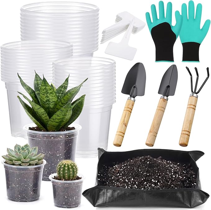 83 Pcs Garden Supplies Tools Kit, 3/4/5 Inch Clear Plastic Plant Pots with Transplanting Mat, Trowel Cultivator Rake Set, Label & Glove, Succulent Tools Gift for Plant Lovers Accessory