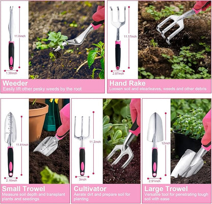 Covacure Gardening Tool Set - 11 Piece Aluminum Alloy Steel Hand Tool Starter Kit with Garden Bag, Outdoor Tool, Heavy Duty Gardening Work Set, Gardening Tools Gift for Women and Men（Pink）