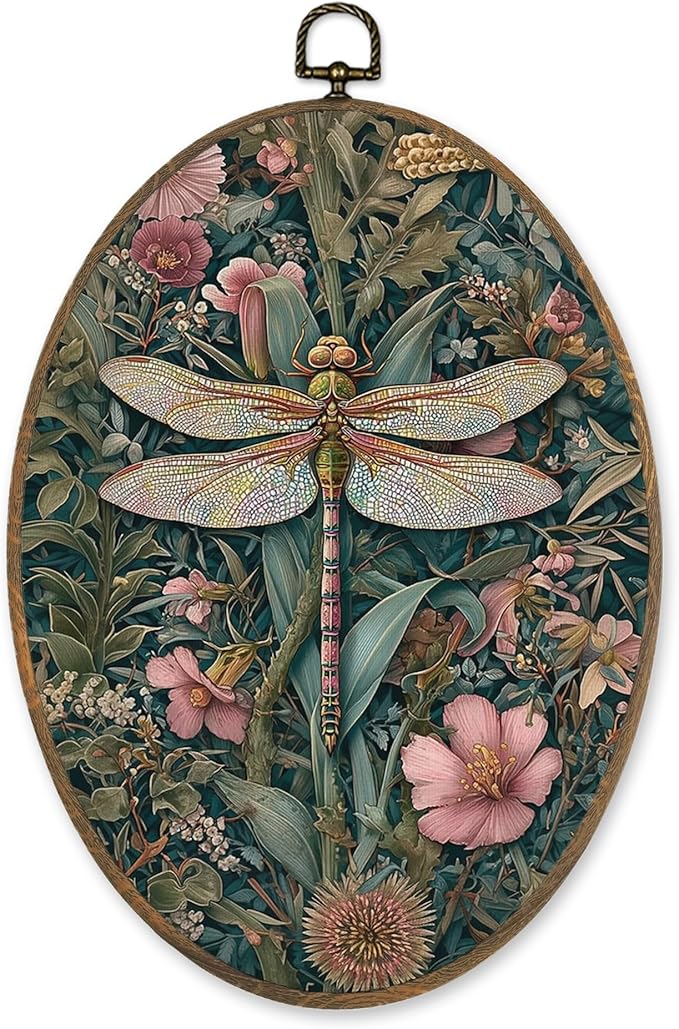 LKETW Vintage Floral Dragonfly Oval Wall Art Decor, Retro William Morris Flower Botanical Dragonfly Oval Canvas Hanging Decor, Cottagecore Wall Decorations for Home Bedroom Office, 8.6x11.4 Inch