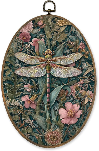 LKETW Vintage Floral Dragonfly Oval Wall Art Decor, Retro William Morris Flower Botanical Dragonfly Oval Canvas Hanging Decor, Cottagecore Wall Decorations for Home Bedroom Office, 8.6x11.4 Inch