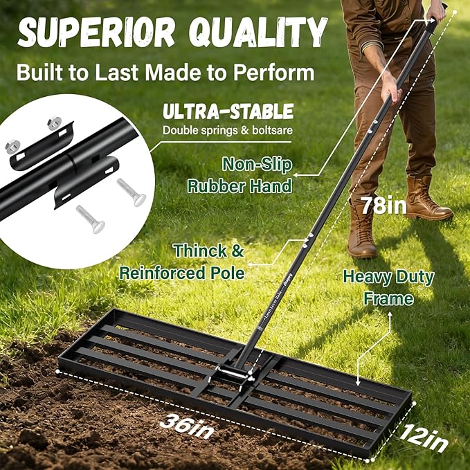 Lawn Leveling Rake 36X12 inch,78" Long Handle Level Rake ,Heavy Duty Yard Leveling Rakes Suit for Garden,Golf Lawn and Farm,Effort Saving Tool for Soil Grass Golf Field