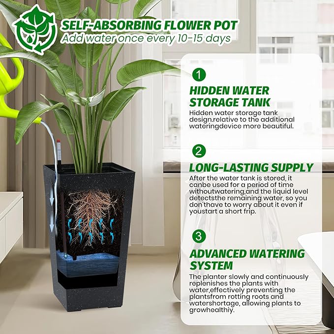 22.5'' Tall Planters for Outdoor & Indoor, Self Watering Plant Pots Set of 2 with Water Level Monitor & Drainage, Automatic Watering for Patio Garden, Black