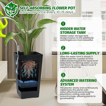 22.5'' Tall Planters for Outdoor & Indoor, Self Watering Plant Pots Set of 2 with Water Level Monitor & Drainage, Automatic Watering for Patio Garden, Black