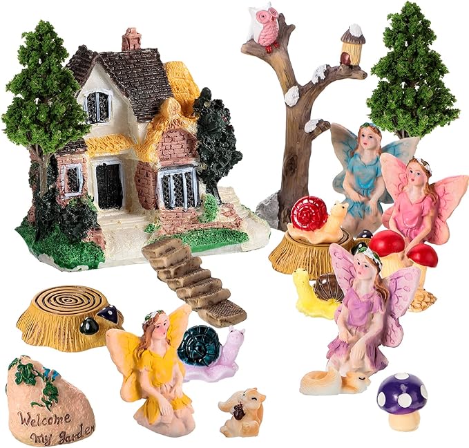 Gejoy 31 Pieces Fairy Garden Accessories Kit Miniatures House Supplies Fly Wing Dollhouse Gifts for Home Garden Lawn Decoration, House Style Random