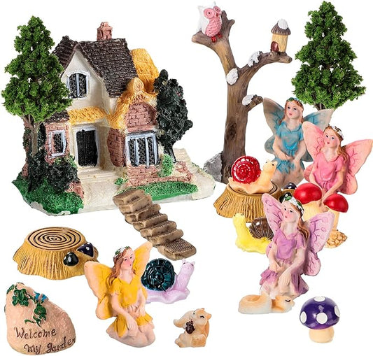 Gejoy 31 Pieces Fairy Garden Accessories Kit Miniatures House Supplies Fly Wing Dollhouse Gifts for Home Garden Lawn Decoration, House Style Random