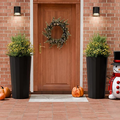 2PCS Tall Planters for Outdoor Plants, 23.6 Inches Large Outdoor Conical Flower Pots for Porch with Drainage Holes and Drainage Baffle, Tapered Large Planters for Garden, Balcony Use, Black