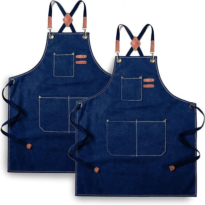 Tosewever 2 Pack Canvas Cross Back Chef Apron for Men Women with Pockets, Cotton Tool Aprons for Cooking Kitchen BBQ Artist