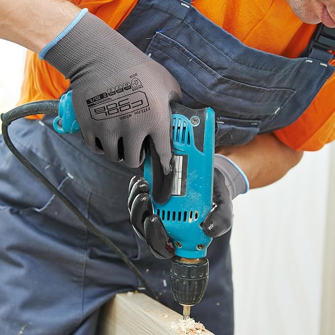 COOLJOB 10 Pairs Nitrile Dipped Safety Work Gloves with Grip, Non-slip Rubber Coated Bulk Garden Gloves for Men, Heavy-duty Oil Resistant for Truck Driver, Warehouse Box Handler, Large, Gray Blue