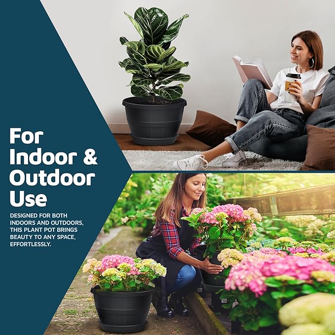 10-Inch Whiskey Barrel Planters Outdoor Pack of 20 - Durable Plastic Plant Pots for Indoor & Outdoor Use with Drainage & Saucer, Lightweight Rustic Barrel Planters for Flowers, Herbs & Small Plants