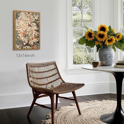 CAZLOUC Vintage Neutral Botanical Wall Art, Retro Beige Green Wall Decor, Garden Bird Floral Canvas Artwork, Classic Botanical Nature Poster Print for Living Room Bedroom Wood Framed 16x24 Inch