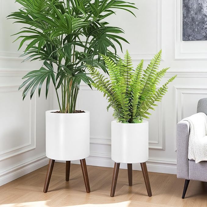 Plant Pot with Stand, Planters for Indoor Plants, Set of 2 Size Planter Pots, Modern Planter with Stand for Living Room, Office, Garden or Balcony, White, 10"&12"