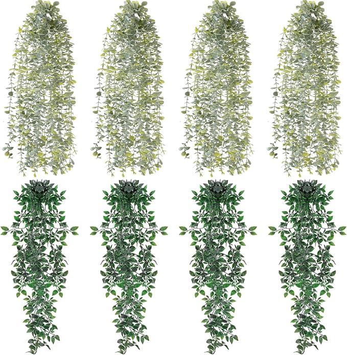 8 Pcs Artificial Hanging Plants Fake Hanging Ferns Plastic Faux Plants for Wall Room Garden Garland Indoor Outdoor Decor No Basket (Eucalyptus,Mandala Vine)