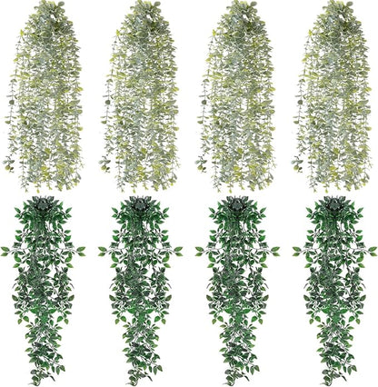 8 Pcs Artificial Hanging Plants Fake Hanging Ferns Plastic Faux Plants for Wall Room Garden Garland Indoor Outdoor Decor No Basket (Eucalyptus,Mandala Vine)