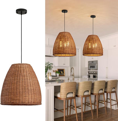 Rustic Rattan Chandelier Light Fixtures, 16.5IN Boho Hand Woven Pendant Light, 3-Lights Farmhouse Lampshade Dinning Room Hanging Lamp for Living Room Kitchen Island Hallway Bedroom Hallway