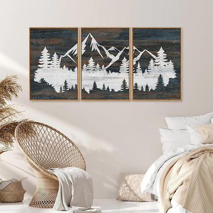 Rantodecor Vintage Mountain Framed Canvas Wall Art, White Snowy Nature Landscape Wall Decor, Rustic Wilderness Forest Art Paintings, Modern Farmhouse Artwork for Bedroom Living Room Office 16"x24"x3