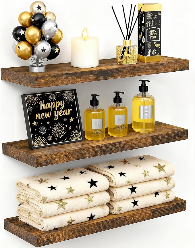 BAYKA Floating Shelves Bathroom for Wall – Shelf Over Toilet Farmhouse Rustic Wood for Bedroom, Kitchen, or Living Room Decor Organization, Christmas Decor Shelves – Rustic Brown, Set of 3