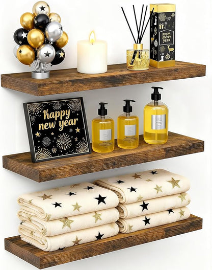 BAYKA Floating Shelves Bathroom for Wall – Shelf Over Toilet Farmhouse Rustic Wood for Bedroom, Kitchen, or Living Room Decor Organization, Christmas Decor Shelves – Rustic Brown, Set of 3