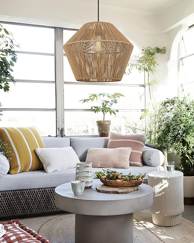 ELYONA 16.5” Large Woven Pendant Light Modern Boho Chandelier Handwoven Rattan Basket Shade Rustic Pendant Light Fixtures Farmhouse Ceiling Hanging Lamp for Dining Room Kitchen Bedroom Entryway Foyer