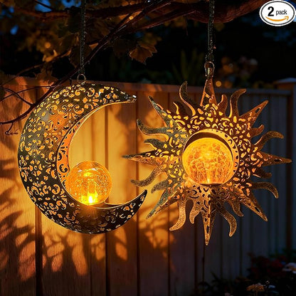 Solar Hanging Sun and Moon Lights Garden Outside Decor,2 Pack Metal Lanterns Outdoor Sunflower Art Decorations for Porch Backyard Patio Wall Tree,Unique Gardening Gifts for Women Mom Grandma