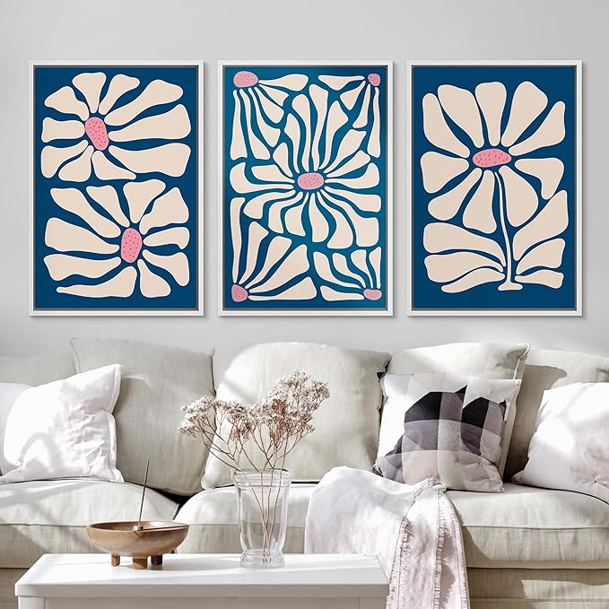 Ashbrook Framed Canvas Print Wall Art Set Mid-Century Modern Navy Blue Flowers Nature Wilderness Illustrations Modern Art Floral Botanical Minimal Calm/Relax/Cozy for Bedroom - 24"x36"x3 White