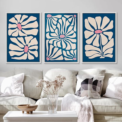 Ashbrook Framed Canvas Print Wall Art Set Mid-Century Modern Navy Blue Flowers Nature Wilderness Illustrations Modern Art Floral Botanical Minimal Calm/Relax/Cozy for Bedroom - 16"x24"x3 White