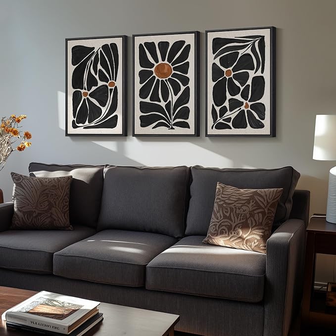 Framed Black and White Abstract Wall Art, 3 Piece Black Boho Floral Botanical Canvas Prints Painting for Living Room, Mid Century Modern Flower Artwork for Bedroom Hallway Office Home Decor, 16x24 In