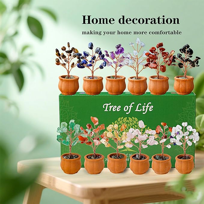 Runyangshi 12pcs Crystal Tree Set Tree of Life Natural Crystal Stones with Bonsai Base Gemstone Trees Fengshui Good Luck Positive Energy Home Decor