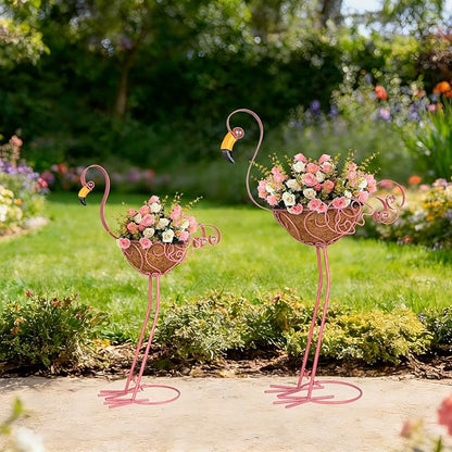Set of 2 Pink Flamingo Outdoor Planters with Basket, Metal Flamingo Planter for Indoor Outdoor Garden Yard Decor