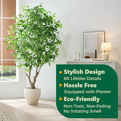 8 FT Large Luxury Artificial Ficus Tree, Tall Faux Banyan Tree with Planter, Extra Lush Stereoscopic Shape, 5 Minutes Easy Set-up, Realistic Tree Trunk & Lifelike Leaves, Home Office Décor