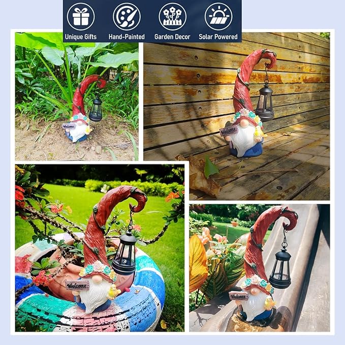 Evursua Solar Outdoor Figurine Lights Gnome Garden Decor Statue with LED Lantern, Glowing Fairy Yard Decorations for Outside Patio Yard Front Porch, Housewarming Home Decor Gifts Thanksgiving