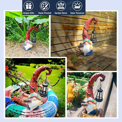 Evursua Solar Outdoor Figurine Lights Gnome Garden Decor Statue with LED Lantern, Glowing Fairy Yard Decorations for Outside Patio Yard Front Porch, Housewarming Home Decor Gifts Thanksgiving