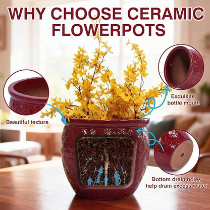 Tiered 3-Piece Ceramic Planter Set (9, 12, 15 Inch) with Drainage Holes & Saucers for Indoor Outdoor Plants, Modern Garden Pots for Succulents, Herbs, Flowers on Patio, Balcony, Windowsill - Red (Red)