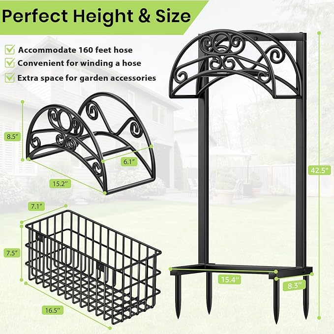 TomCare Garden Hose Holder with Large Storage Basket Heavy Duty Water Hose Holder Holds 160 Feet Hoses 4 Spikes Freestanding Hose Hanger Stable Hose Storage Organizer for Outside Yard
