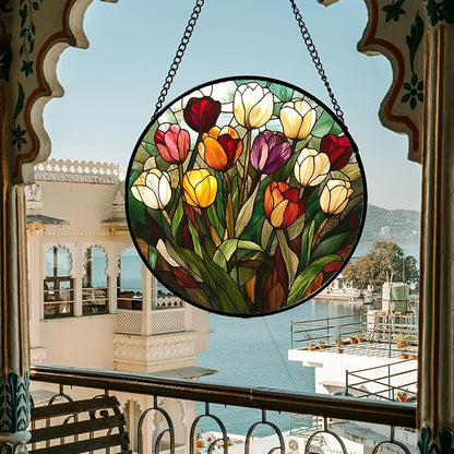 Stained Glass Window Hanging Colorful Tulip 6.3" - Flower Suncatcher Door Garden Sun Catcher Home Plant Decor Birthday Mother's Day for Mom Woman Friend Nana Colleague