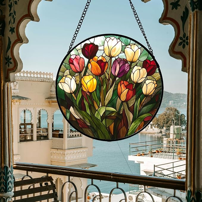 Stained Glass Window Hanging Colorful Tulip 7.8" - Flower Suncatcher Door Garden Sun Catcher Home Plant Decor Birthday Mother's Day for Mom Woman Friend Nana Colleague
