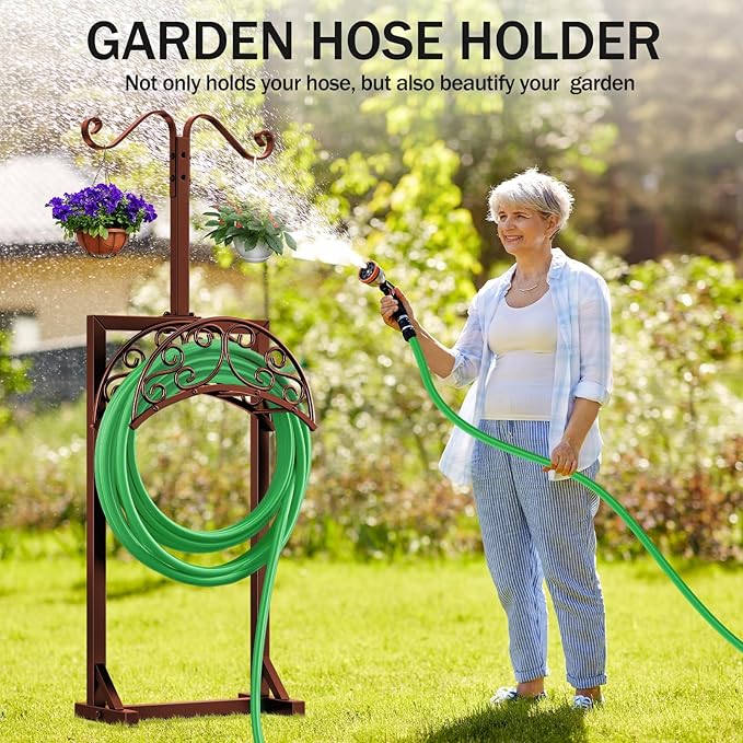 Garden Hose Holder - Upgraded Water Hose Holders for Outside with 5 Spikes & 2 Shepherds Hooks, Freestanding Hose Stand Hose Hanger Hose Storage Hose Reel Rack for Yard Lawn(Brown)