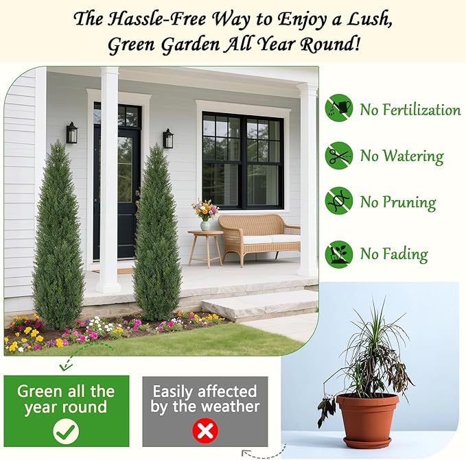 Artificial Cedar Topiary Trees 5 FT Faux Cedar Tree for Outdoor Planters Evergreen Plant, 60 inch UV Rated and Lush Fake Cypress Tree Shrubs for Gateway Front Door Porch Patio Garden, Set of 2
