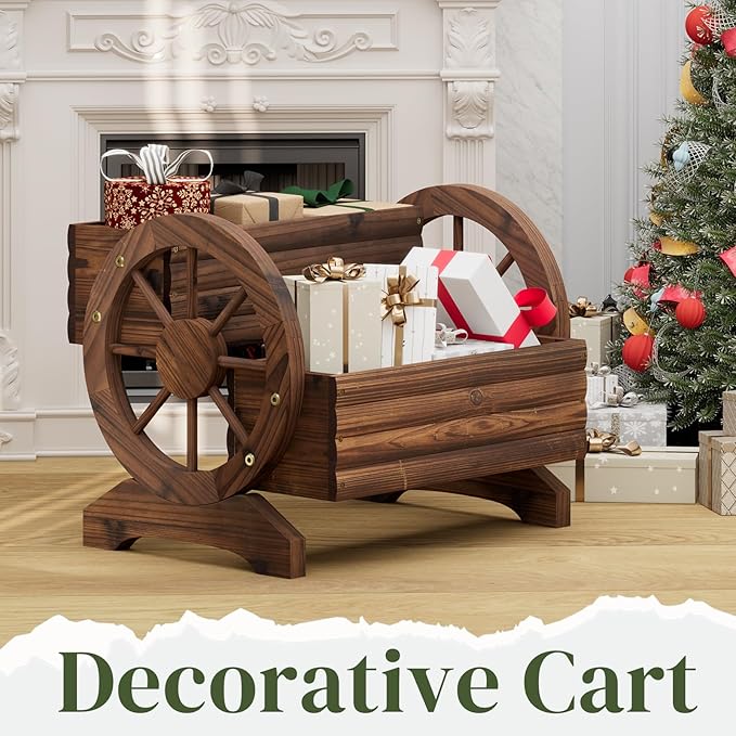 Garden Planter with Wheels, Wooden Wagon Box, Decorative Planter for Flowers Herbs Vegetables for Indoor & Outdoor Décor Flower Cart for Patio Garden Balcony (Carbonized)