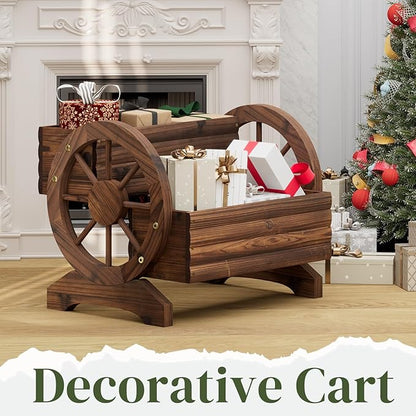 Garden Planter with Wheels, Wooden Wagon Box, Decorative Planter for Flowers Herbs Vegetables for Indoor & Outdoor Décor Flower Cart for Patio Garden Balcony (Carbonized)
