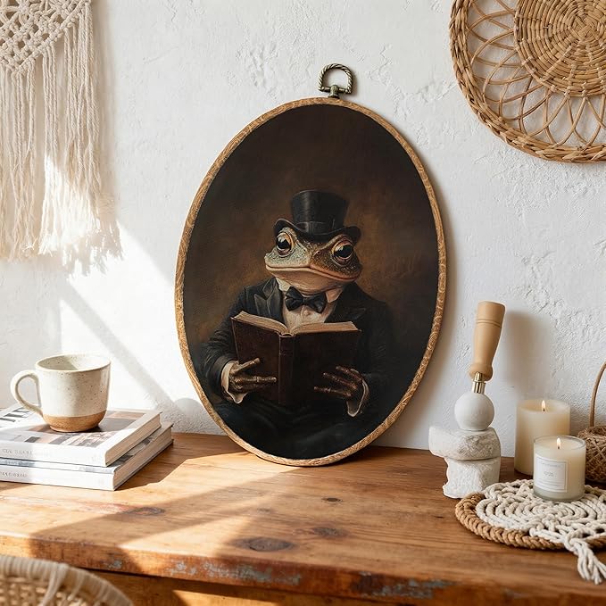 DEQSX Vintage Frog Oval Wall Art, Rustic Moody Dark Academia Whimsical Frog Reading Bookish Wall Decor Canvas Prints Posters for Home Library Reading Room, 8.6x11.4 Inches