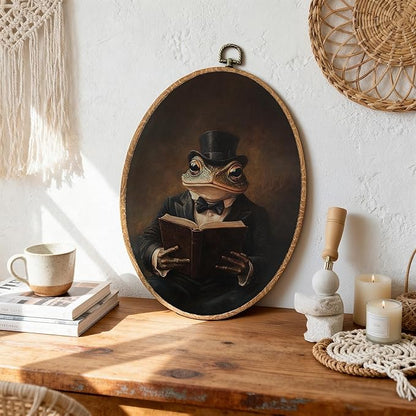 DEQSX Vintage Frog Oval Wall Art, Rustic Moody Dark Academia Whimsical Frog Reading Bookish Wall Decor Canvas Prints Posters for Home Library Reading Room, 8.6x11.4 Inches