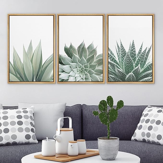 Ashbrook Framed Canvas Print Wall Art Set Green Desert Cactus Succulent Variety Nature Wilderness Photography Modern Art Minimal Chic Colorful for Living Room, Bedroom, Office - 24"x36"x3 Natural