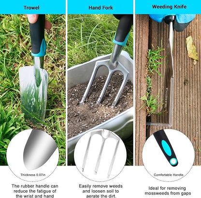 Garden Tool Set with Non Slip Rubber Grip,11 Piece Stainless Steel Gardening Tool Sets,Heavy Duty Outdoor Hand Tools Kit,Durable Tote Bag,Repotting mat,Uprooting Weeding Tool,Ideal Gifts for Women Men